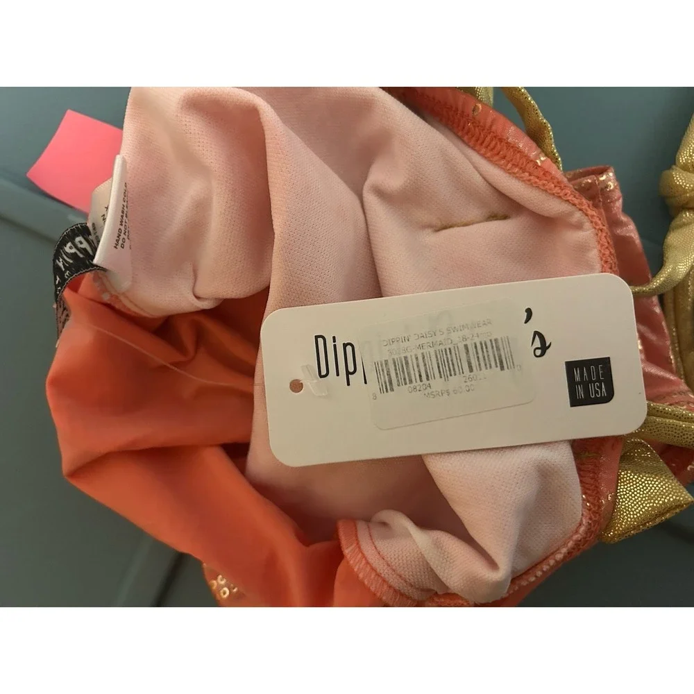 Dippin Daisys Girls 18-24M One Piece Swimsuit Coral Gold Sequin Bow Halter USA
